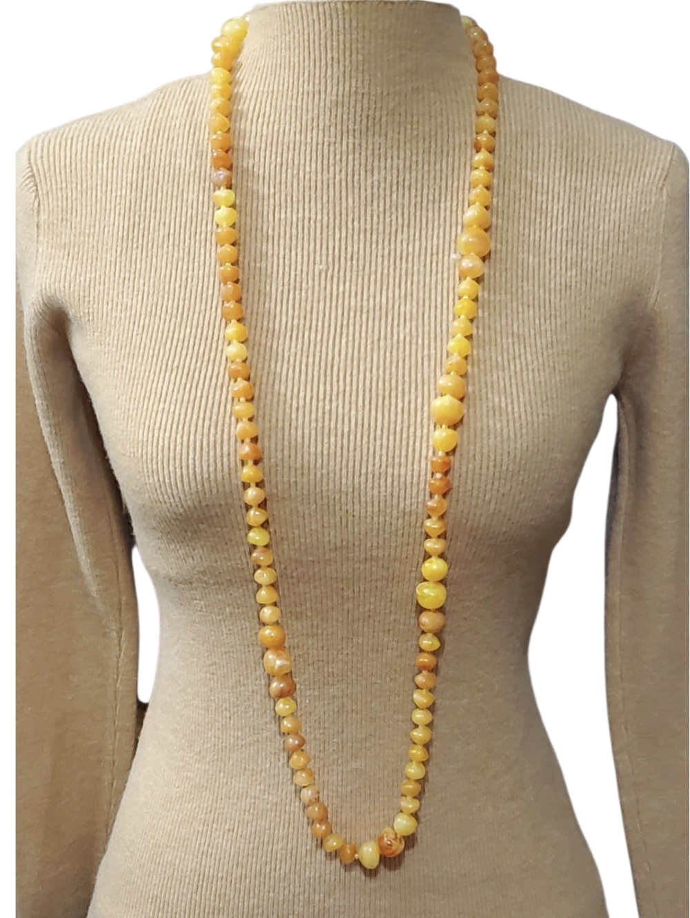 Vtg. Yellow Lucite Faux Amber Beaded Long Necklace